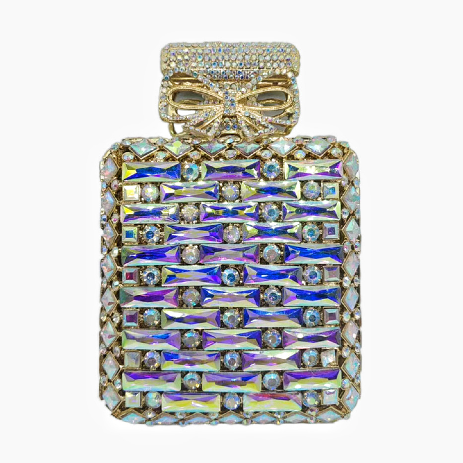 Transfronterizos nueva botella de perfume cuadrada con diamantes bolsas de cena europeas y americanas bolsas de mano de diamantes clutch nuevo oro blanco