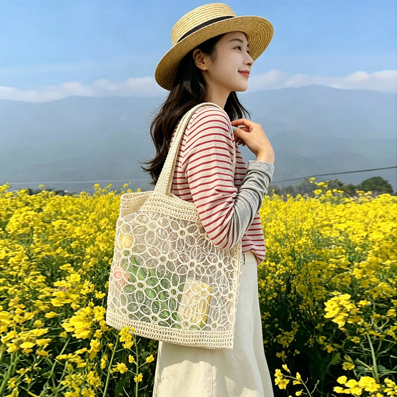 跨境时尚手提沙滩单肩女包大容量简约镂空编织包复古购物袋休闲包