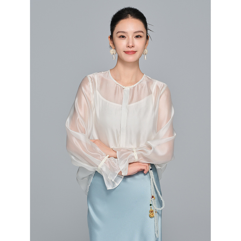 【Zhihetao】New Chinese Style Light National Style Soft Gauze Round Neck Long Sleeve Women's 2025 Autumn High-End Versatile Top
