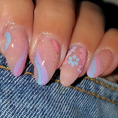 Euro-American Flashing Wave Floral Fake Nails, Almond-Shaped with Glitter—Stylish Wearable Nail Tips in Ins-Style for Young Girls, Perfect for Export