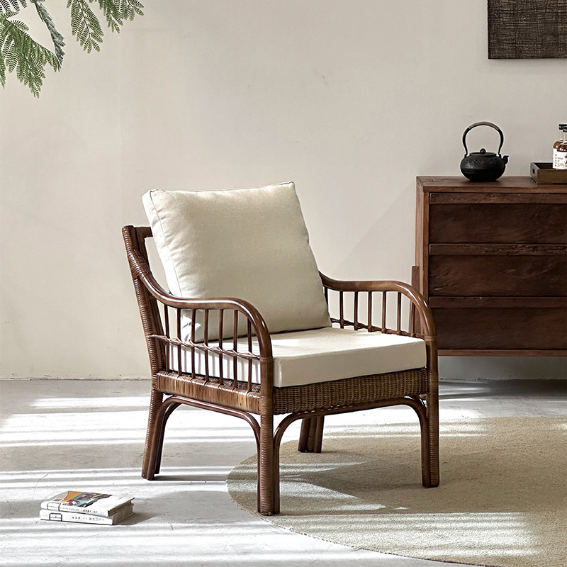 Nordic Living Room Home Armrest Rattan Sofa Chair B&B Balcony Wabi-Sabi Style Backrest Indonesian Rattan Woven Single Chair
