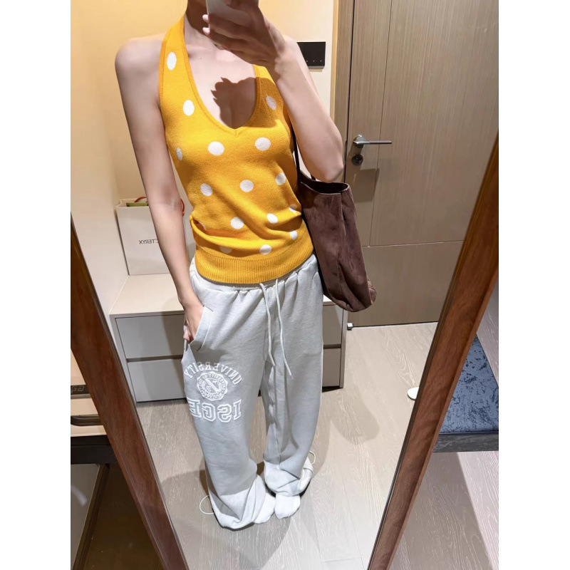 Orange Polka Dot Slim-Fit Halter Neck Sleeveless Acetate Cashmere Summer Tank Top Bustier Style Denim Other Brands