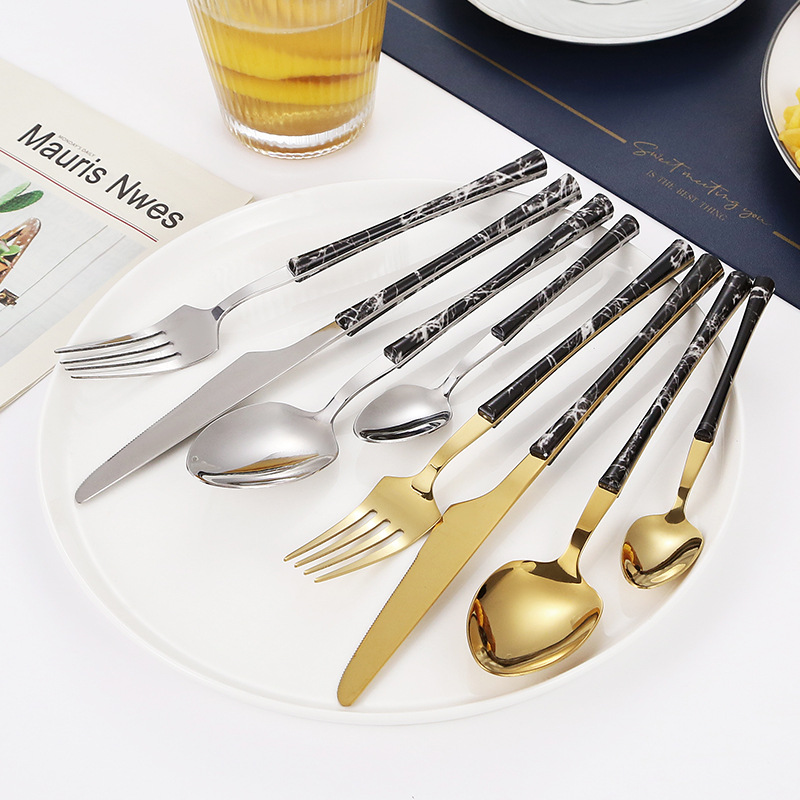 430 vajilla de acero inoxidable cuchillo de carne, tenedor y cuchara de clip manejar pequeña cintura mármol comida occidental 4 piezas cuchara transfronteriza cuchara de té