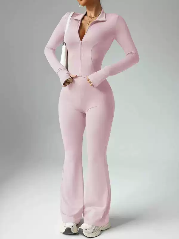 Йога набор женский, облегающий с длинными рукавами и молнией, расклешённые штаны, S–XL