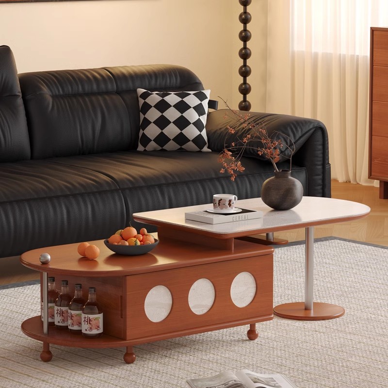 Mesa de centro de madera maciza de estilo antiguo retráctil pequeño apartamento sala de estar hogar mesa de té de roca 2024 nuevo lujo ligero sensación de alta gama