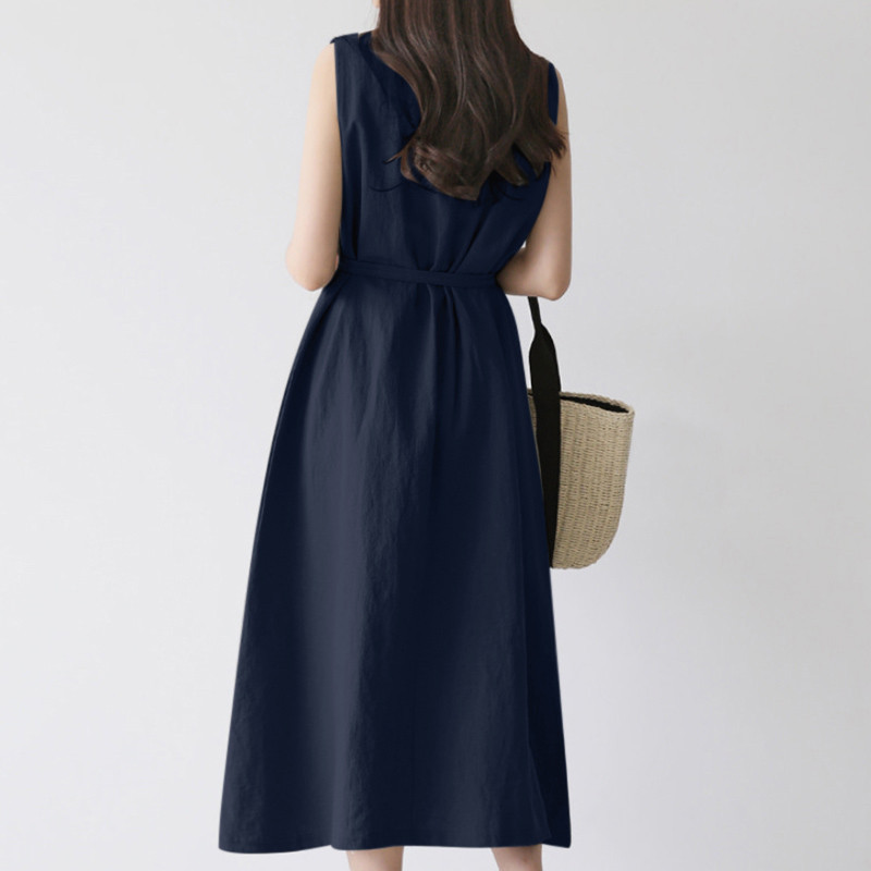 European And American Cross-border Women's Fashion Loose Bohemian Sleeveless Round-neck Solid Color Cotton-linen Long_ecoleips.com