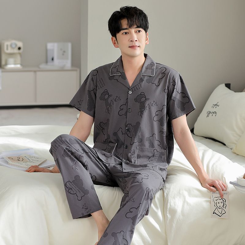 Pajamas de algodón para hombres de verano Cardigan de mangas cortas pantalones largos delgados set de ropa de hogar grande