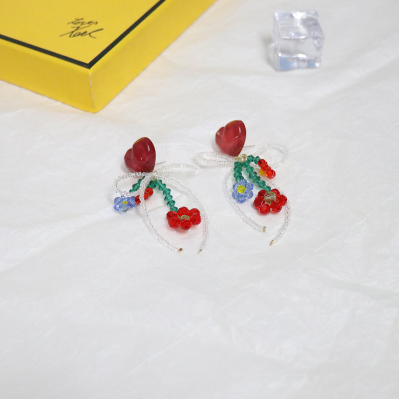 Fashion New Heart-shaped Red Flower Bead Bow Acrylic Earrings display picture 12
