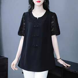 中老年大码女装时尚宽松蕾丝拼接圆领盘扣黑色上衣跨境