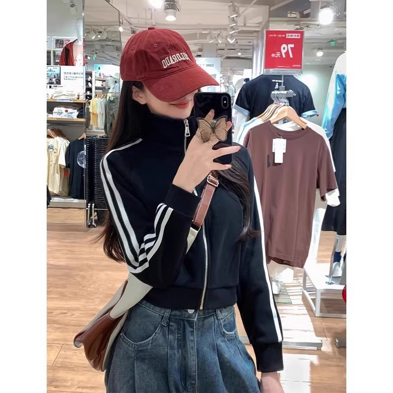 热卖爆款粉色三条杠连帽卫衣女初秋款2025新款穿搭美式款通勤风|undefined