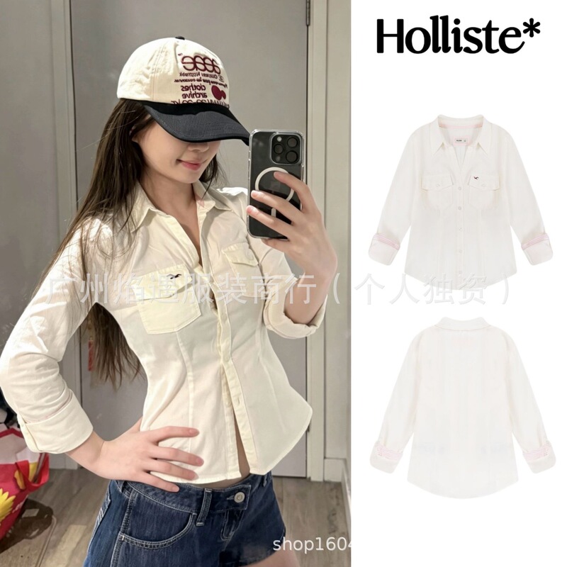 In-stock Korean Holliste* Little Seagull American retro classic embroidered cuffs color-blocked V-neck slim-fit women's shirt In-stock Korean Holliste* Little Seagull American retro classic embroidered cuffs color-blocked V-neck slim-fit women's shirt