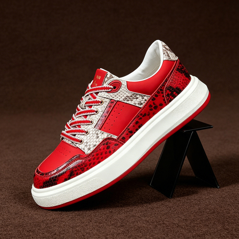 Men's red shoes for the zodiac year, featuring a snake-patterned design, thick soles, and a stylish, high-end look, making them versatile and trendy casual sneakers Men's red shoes for the zodiac year, featuring a snake-patterned design, thick soles, and a stylish, high-end look, making them versatile and trendy casual sneakers