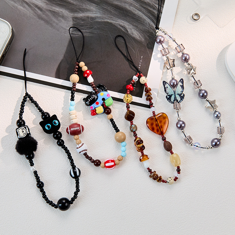 Monster Cat Mobile Phone Black Lanyard Short Ccd Wrist Camera Chain Beaded Pendant Mobile Phone Chain Universal