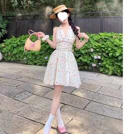 法式甜美波点彩虹气质度假连衣裙夏季吊带新款小个子收腰显瘦短裙