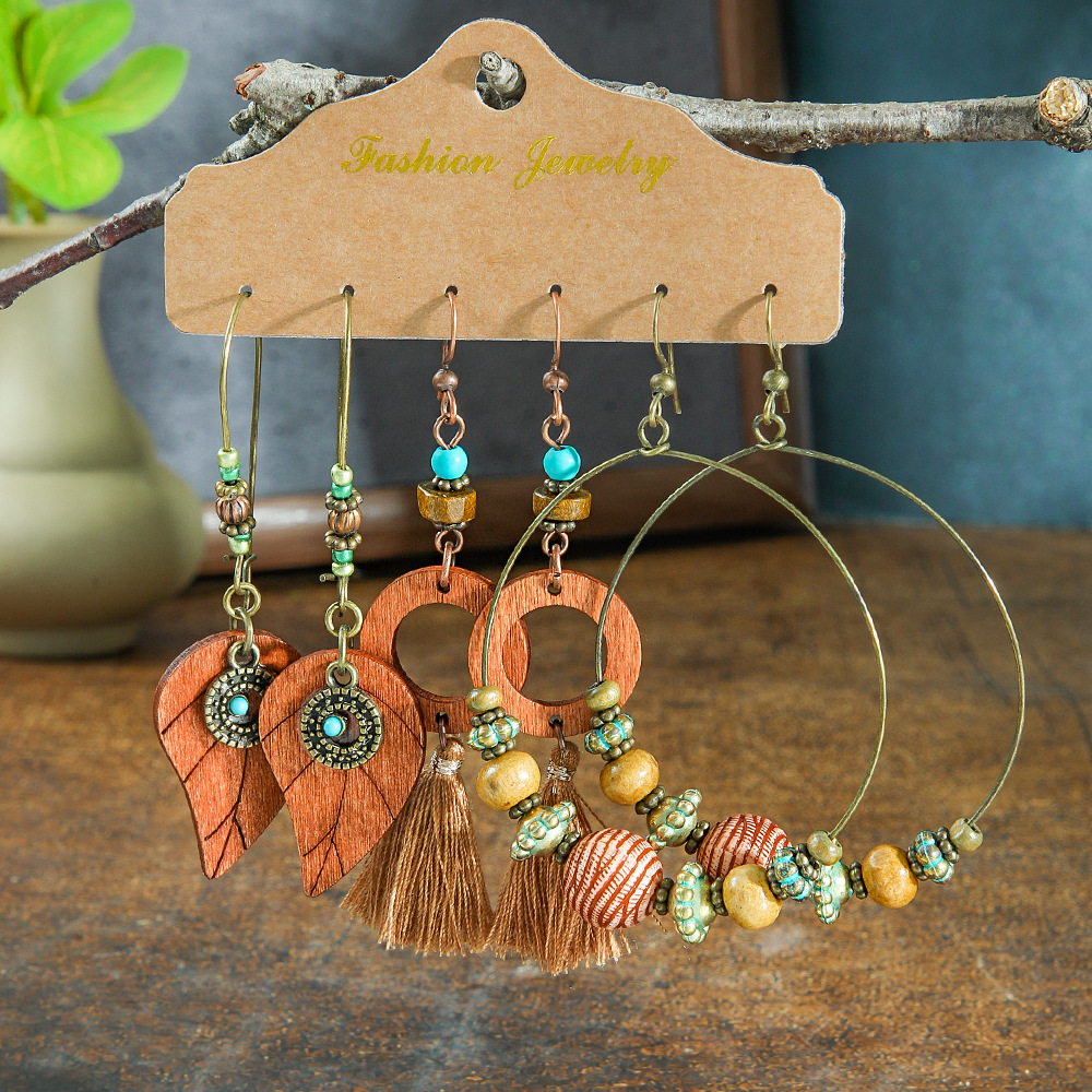 Vintage Earrings Set Combination Women's Ethnic Earrings Round Metal Tassel Earrings Cross-border Hand-woven Accessories