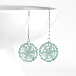 Natural Jade A Blue Water Snowflake Ear Line S925 Silver Set Ice Jade Stone Fashion Women's High-end Earrings Earrings