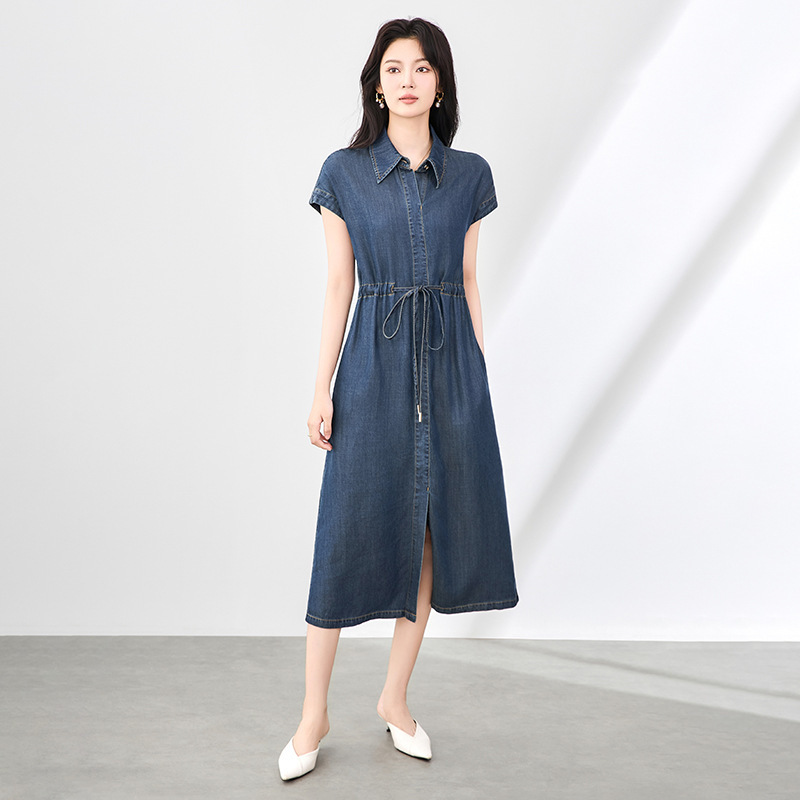 Đầm suông nữ midi mùa hè tay ngắn — 2507805 - Xanh dương chi tiết 4