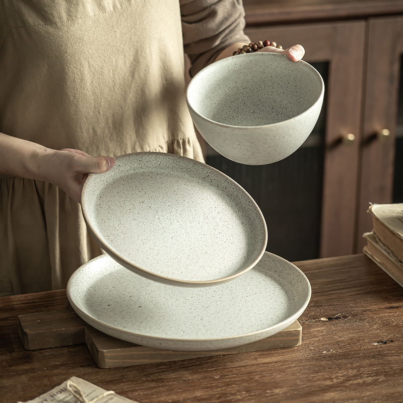 Serie de humo de floculación Tazón de gres Juego de platos Vajilla de cerámica retro para el hogar Tazón de fideos mate Plato de verduras Plato de cena occidental al por mayor