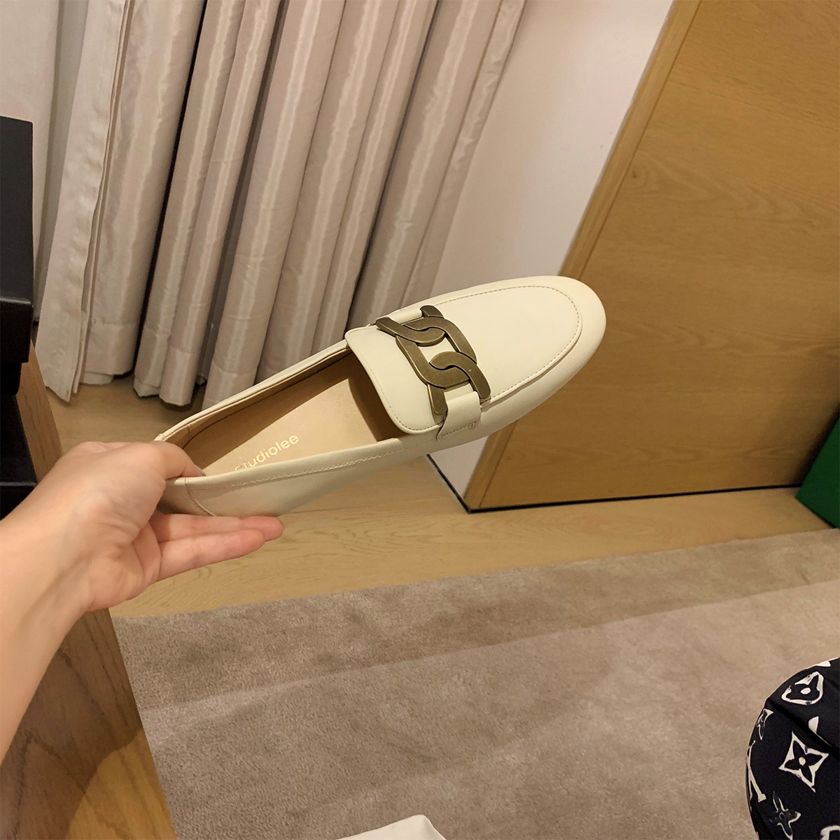 葡萄媽studiolee 真皮樂福單鞋女復古英倫風一腳蹬懶人平底小皮鞋