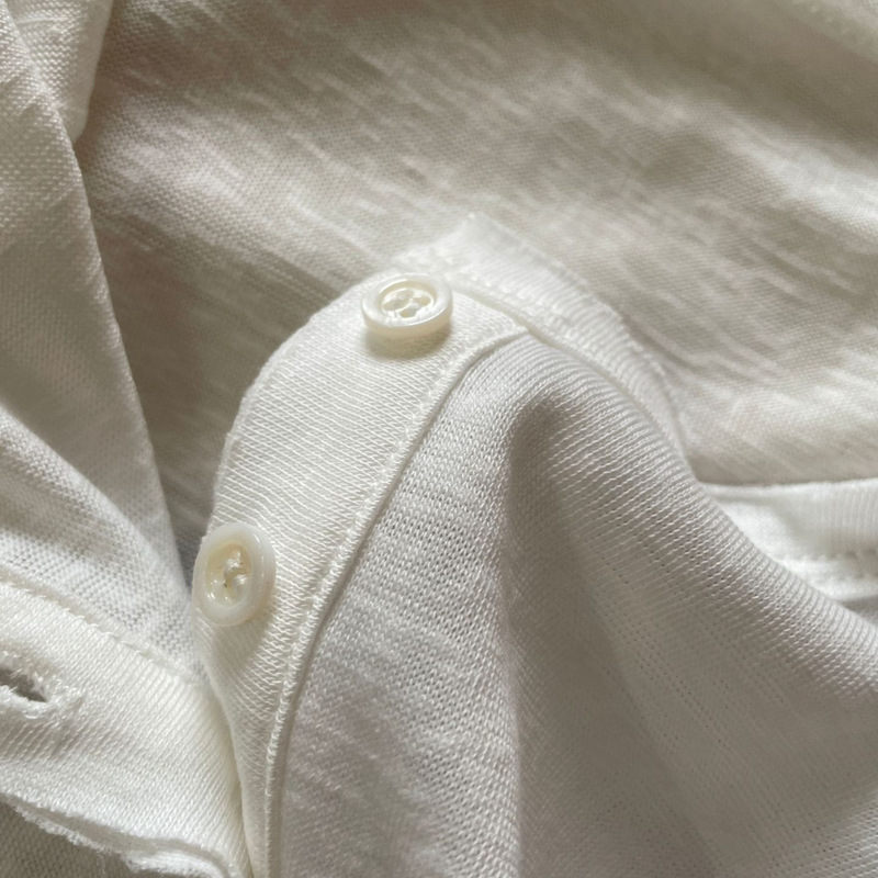 International Fashion Aesthetics! Frayed Hem Henry Collar Linen Long-Sleeve T-Shirt! Solid Color Simple High-End Women's Top International Fashion Aesthetics! Frayed Hem Henry Collar Linen Long-Sleeve T-Shirt! Solid Color Simple High-End Women's Top