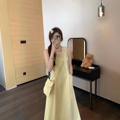 【隠しファスナー + リュックサック】清純で優しい黄色のワンピース女性の夏の丸首は腰を収めて痩せています。