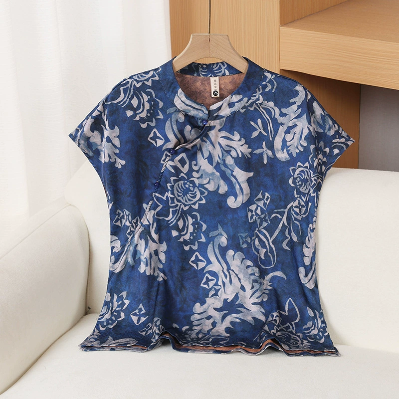 Новый маленький воротник-стойка в китайском стиле, ручной работы, сине-белый фарфоровый короткий новый топ в китайском стиле с футболкой на пуговицах