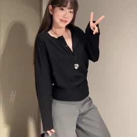 3.v领显瘦长袖t恤女秋季新款松弛感宽松收腰修身内搭上衣