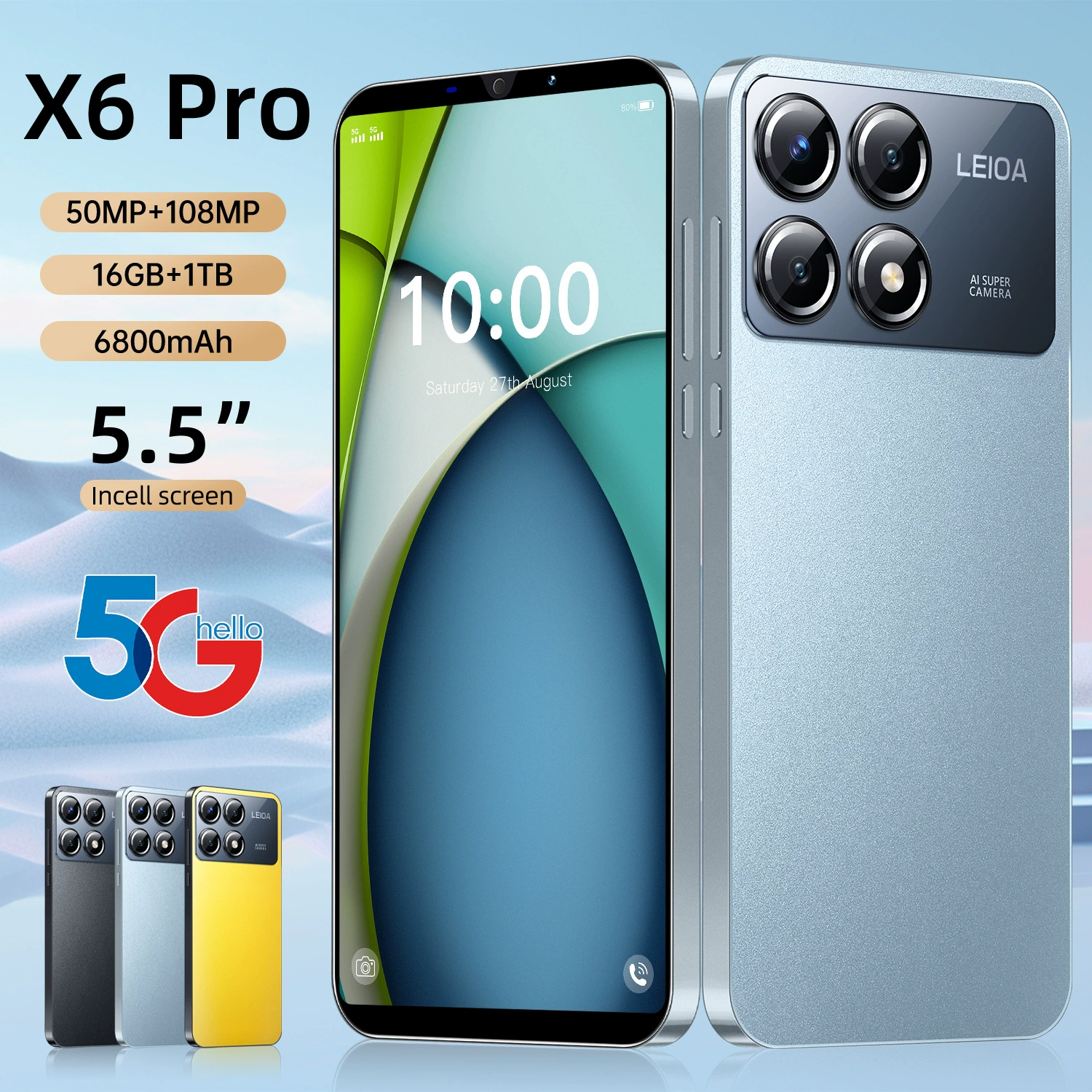 Умный мобильный телефон Pro, X6, 5" экран, Android, поддержка всех сетевых стандартов связи, полноэкранный дисплей