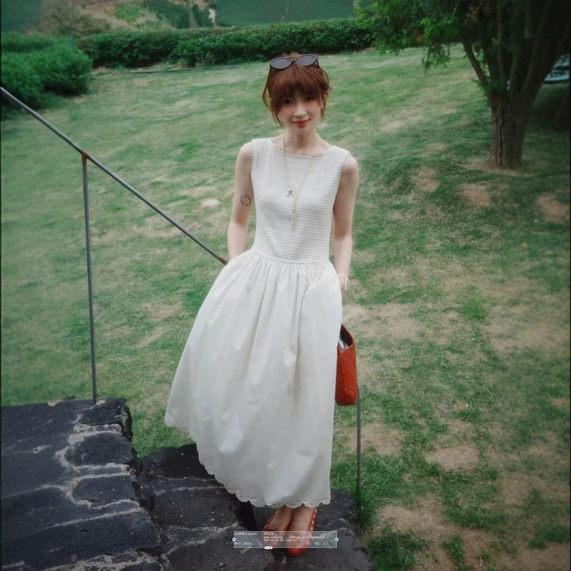 "Original White Line Drawing" "Gardoni" Faux Two-Piece Knitted Striped Tank Dress French Retro Dress "Original White Line Drawing" "Gardoni" Faux Two-Piece Knitted Striped Tank Dress French Retro Dress