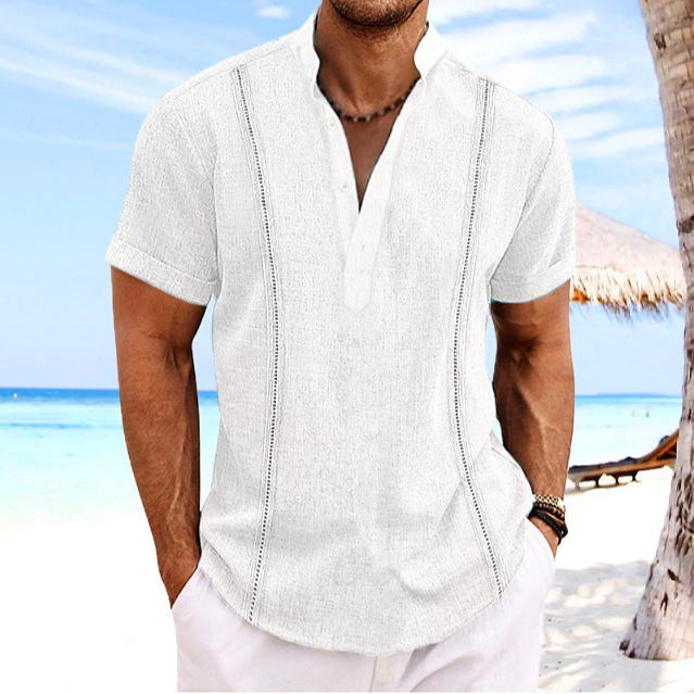 Monochrome Man - Cross-Border Summer New Short-Up Neck Cotton-Linen Color Solid Colour Patchwork Shirt Beach Casual Sports_voghion.com