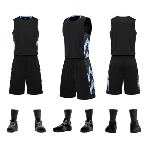Summer Men's Blue Sweat-Wicking Quick-Dry Embroidered Backless Basketball Jersey Set for Students with Logo Printing