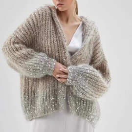 BC外贸2025秋季新款重工带帽亮片马海毛气质简单女士长袖开衫