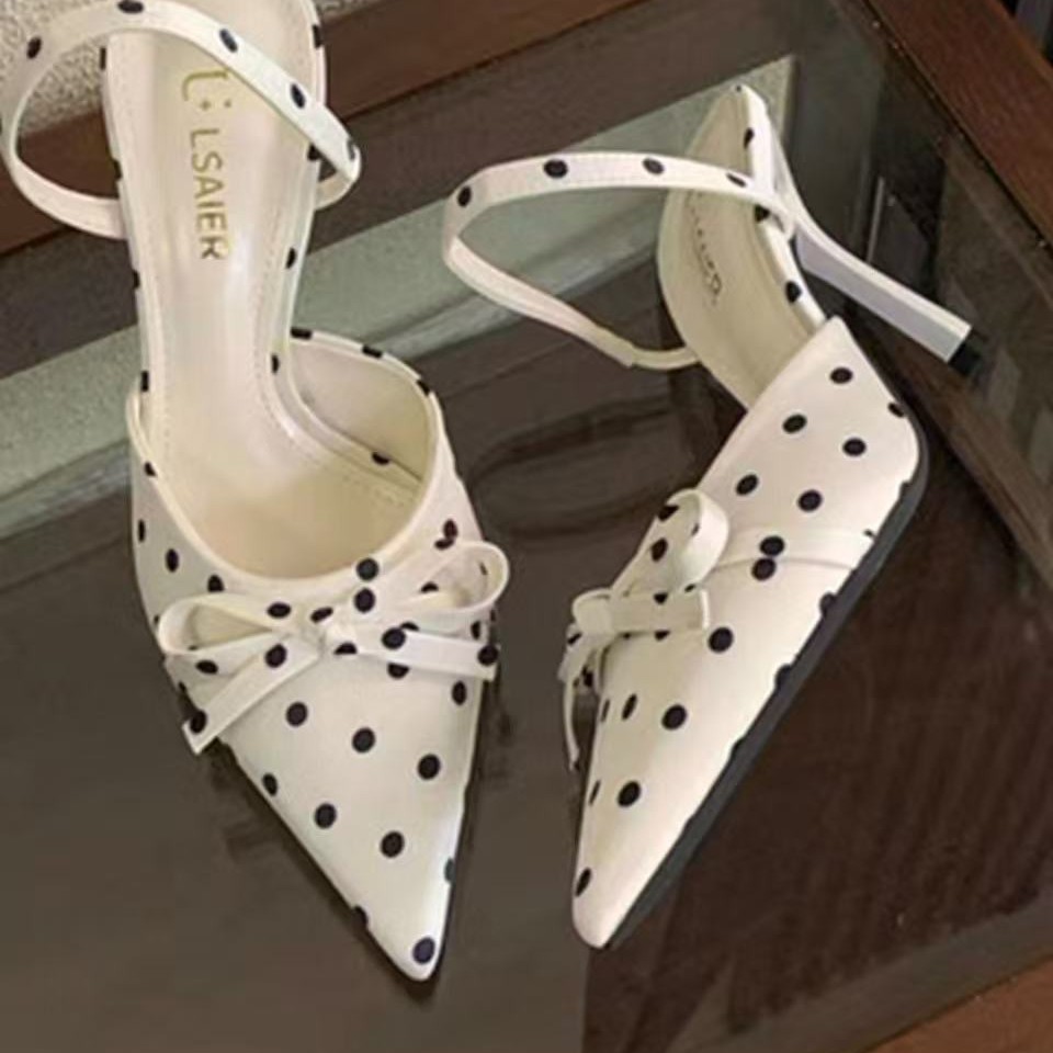 Pointed Toe Summer Sandals with Bowknot, Stylish Polka Dot Versatile Flats, High Heels, Women's Sandals