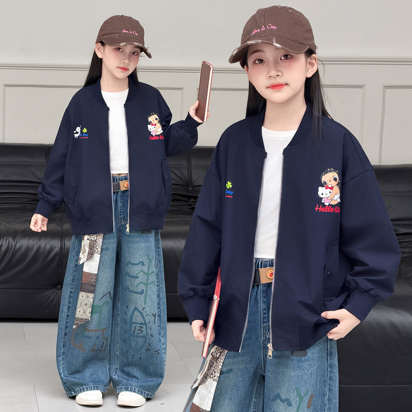 Girls' baseball jacket, spring and autumn style, 2026 new model, stylish KT cat children's autumn jacket, cardigan top