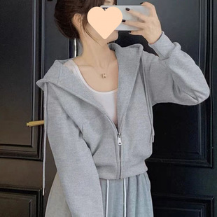 Gray Jacket Women's Spring and Autum Sweatshirt Women's 2025 New Autum Popular Sports Short Cardigan Hooded Top Women