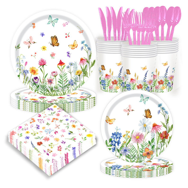 Wildflower Baby Birthday Party Tableware Spring Colorful Floral Decorative Paper Plate Tissue Paper Cup Tablecloth suit Supplies Wildflower Baby Birthday Party Tableware Spring Colorful Floral Decorative Paper Plate Tissue Paper Cup Tablecloth suit Supplies