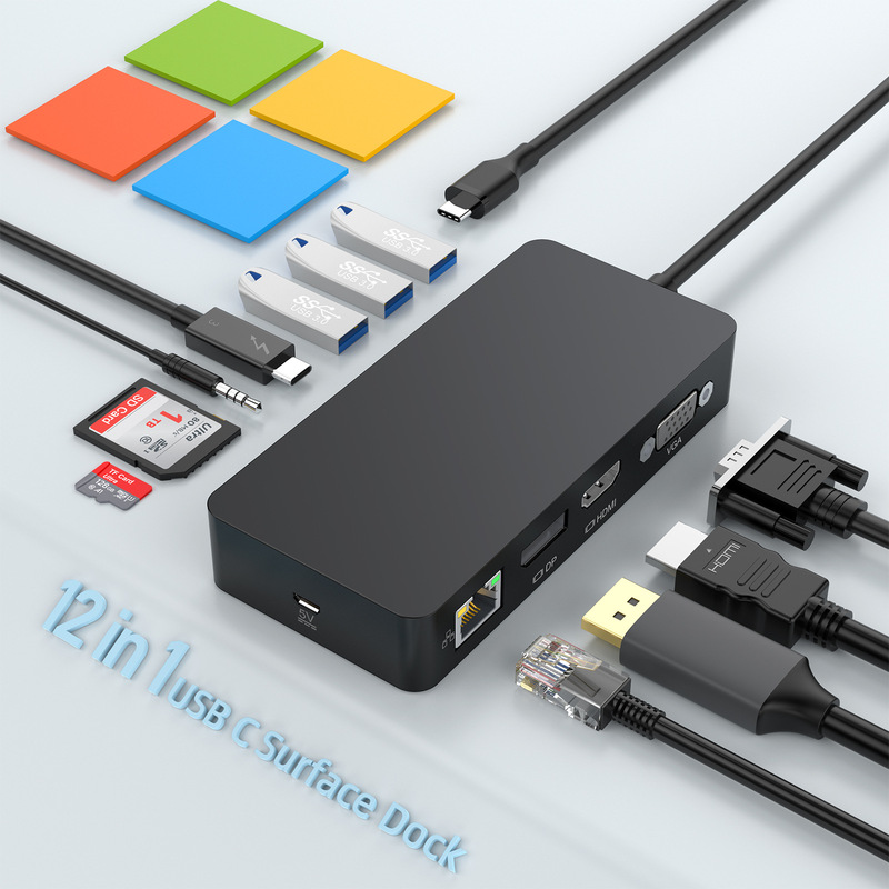 For surface pro7/8/9/x/11 docking station 12 in 1 multi-function gigabit port 100WPD power supply