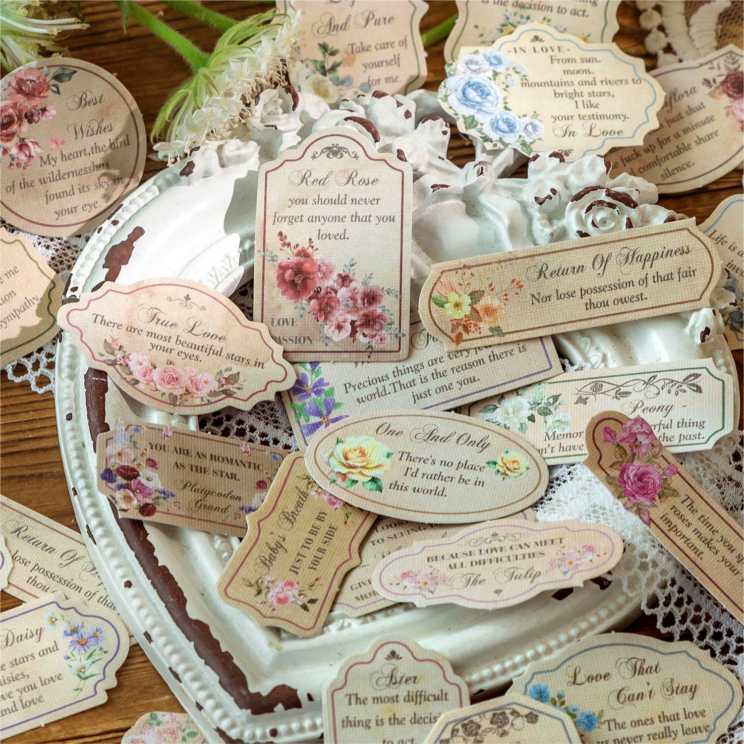 Bolso de pegatinas de papel de tela de poesía de azúcar, serie de caracteres de jardín, caracteres de texto de flores retro, pegatinas de material de cuenta simple