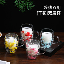 跨境代发双层真花杯高级小众牛奶咖啡杯高硼硅双层玻璃珍珠干花杯