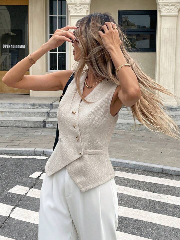 Women's Clothing Women's V Neck Sleeveless Cardigan Vest Irregular Slanted Button Waist Cinching For Formal & Casual For Women_ecoleips.com