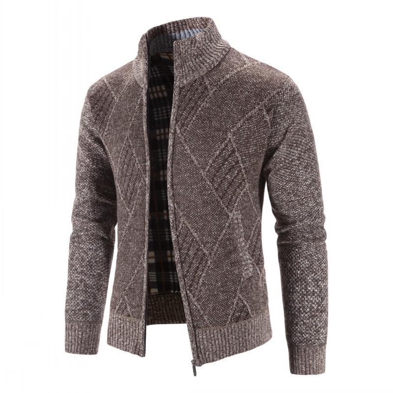 Cárdigan de punto para hombre para otoño e invierno, suéter para hombres de mediana edad y mayores, cuello alto informal, suéter jacquard de manga larga para hombre.