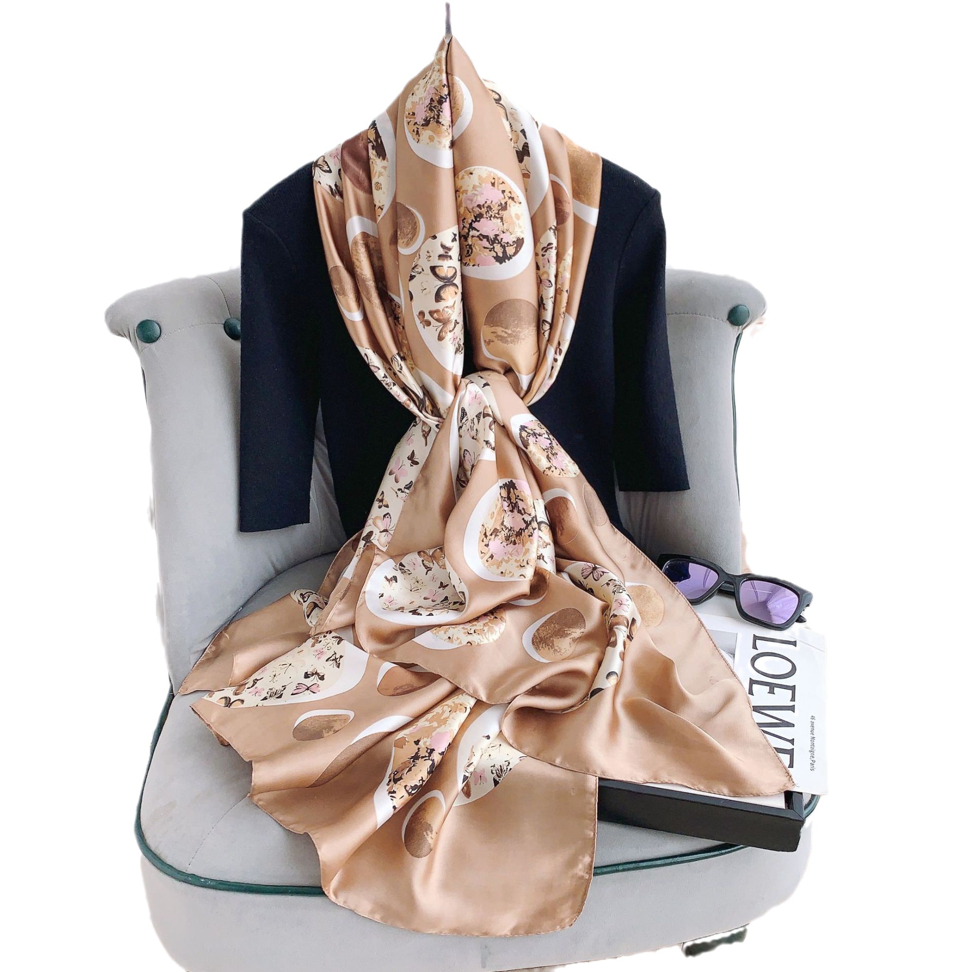 Pañuelo de seda de nuevo estilo para el verano de 2024 para mujer, pañuelo de playa decorativo fino con protección solar, chal estampado de seda sintética extendido para mujer en existencia