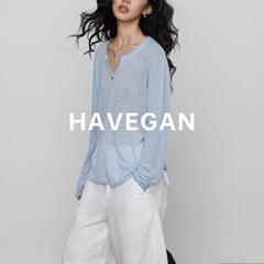 与间HAVEGAN/v领长袖宽松慵懒宽松防晒罩衫女休闲通勤针织衫