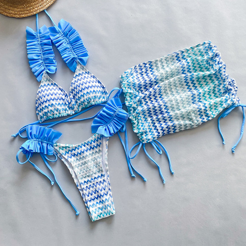 Three-piece set 2024 new bikini European and American bikini cross-border foreign trade pleated edge split women's swimsuit swimsuit