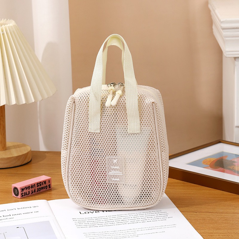 Bolsa de cosméticos estilo ins, bolsa de almacenamiento de zona de cosméticos de malla portátil portátil de gran capacidad