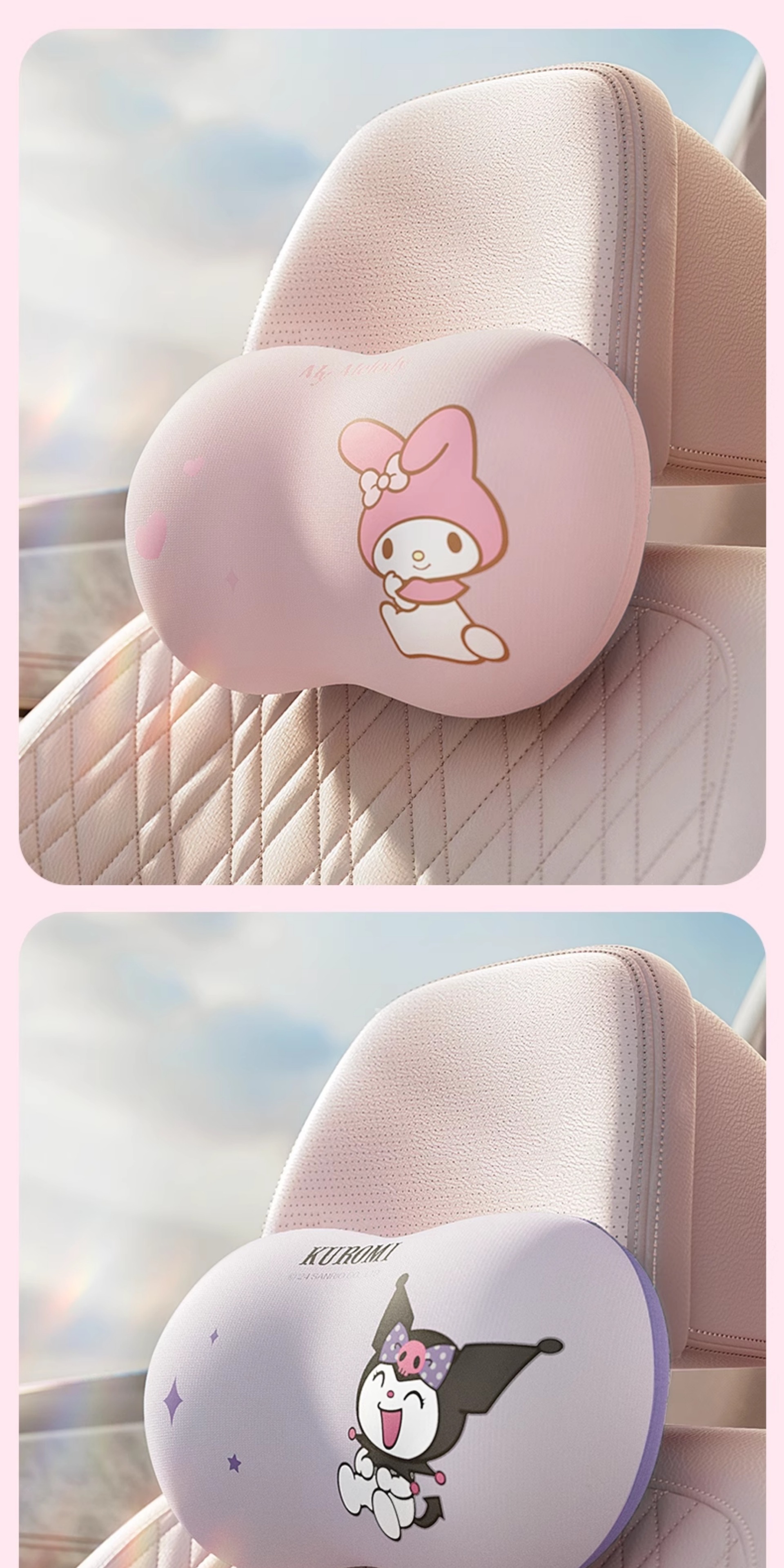 Sanrio Car Headrest, Car Cushion, Neck Pillow, Washable High-Elastic Memory Foam Car Headrest and Lumbar Support Set