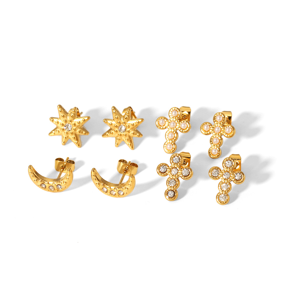 5g Weight 1 Pair Simple Style Commute Cross Moon Plating 304 Stainless Steel Ear Studs