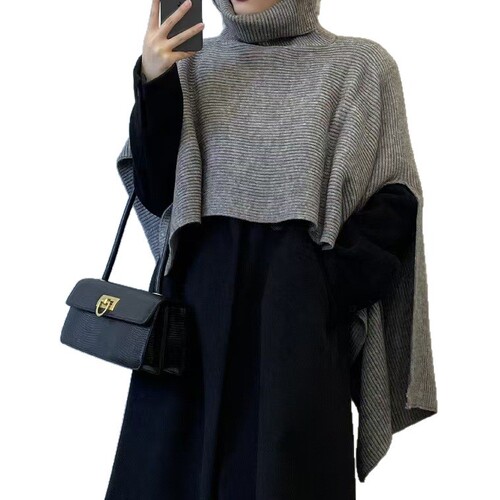 New knitted cape top—autumn and winter outerwear, Korean-style high-neck cape shawl, knitted waistcoat, solid-color pullover.
