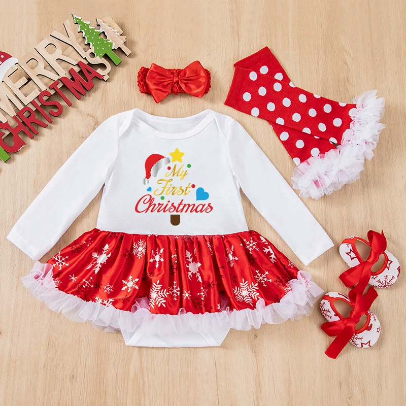 Демисезонный Christmas боди, юбка, детский комплект, с длинным рукавом, со снежинками, набор 4 шт., оптом