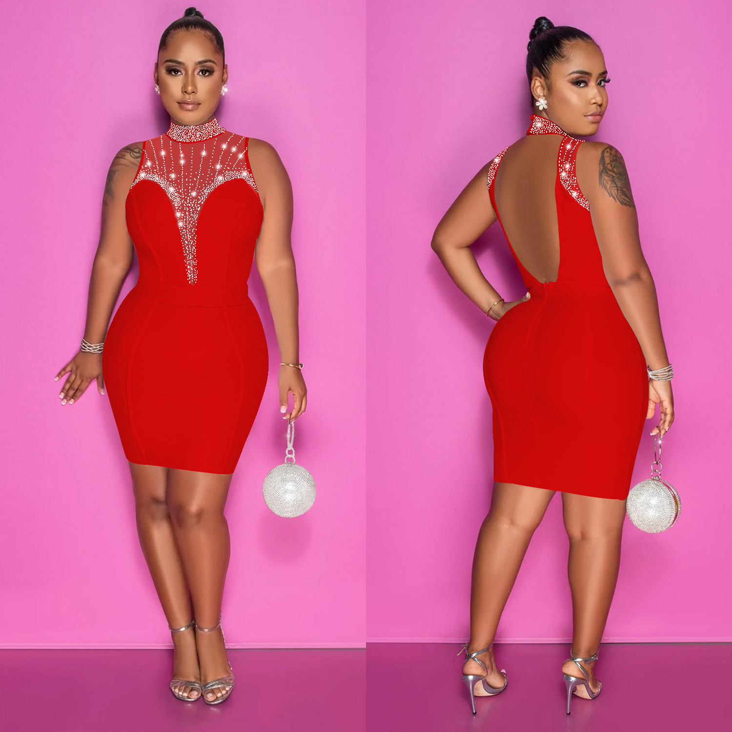 C6163 Aliexpress transfronterizo Amazon Europa y América ropa de moda de mujer de color sólido caliente diámetro de malla transparente vestido sin mangas image 4